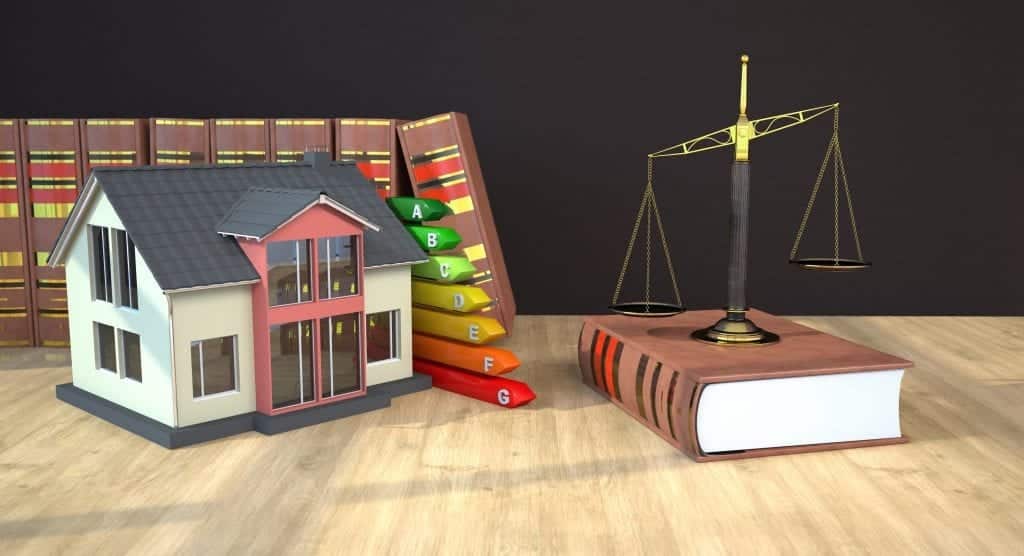 House with energy pass, beam scale and law books on the table. 3d illustration.